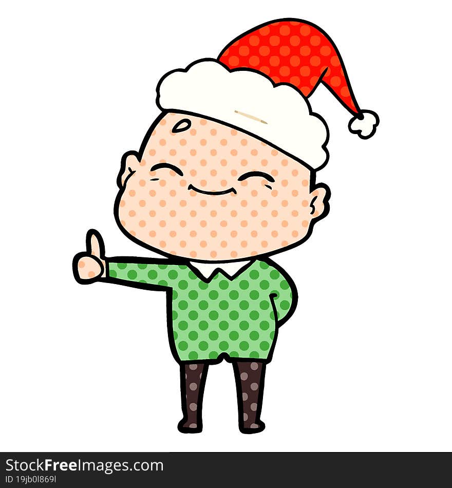 happy comic book style illustration of a bald man wearing santa hat