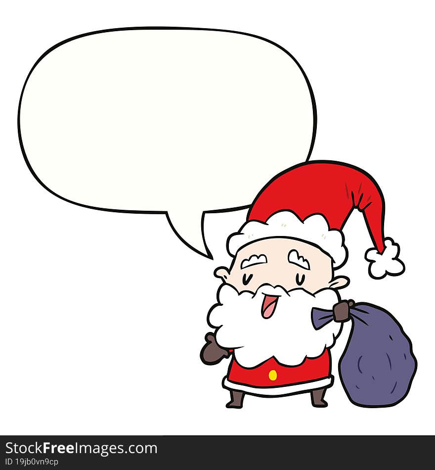 Cartoon Santa Claus Carrying Sack Of Presents And Speech Bubble