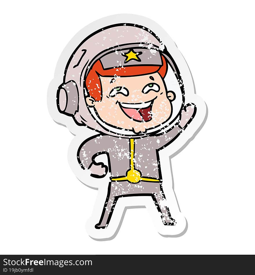 distressed sticker of a cartoon laughing astronaut