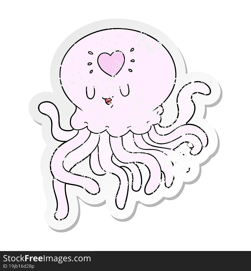 distressed sticker of a cartoon jellyfish in love