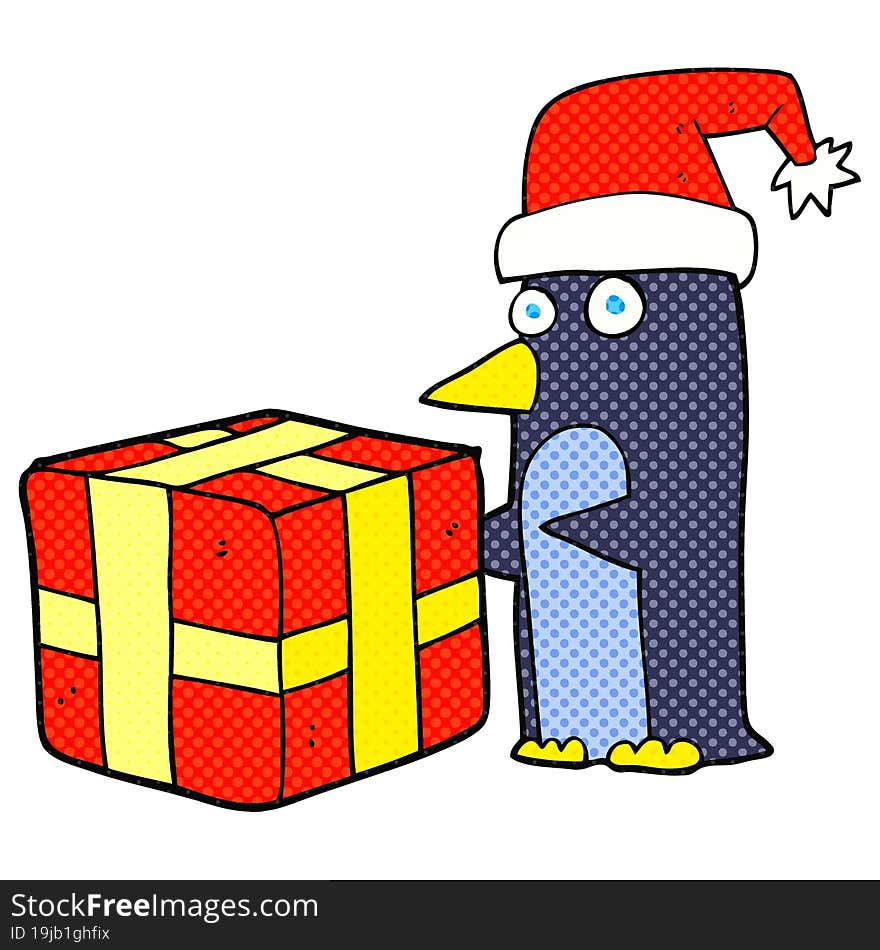 cartoon christmas penguin with present