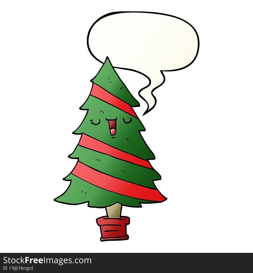 cartoon christmas tree with speech bubble in smooth gradient style