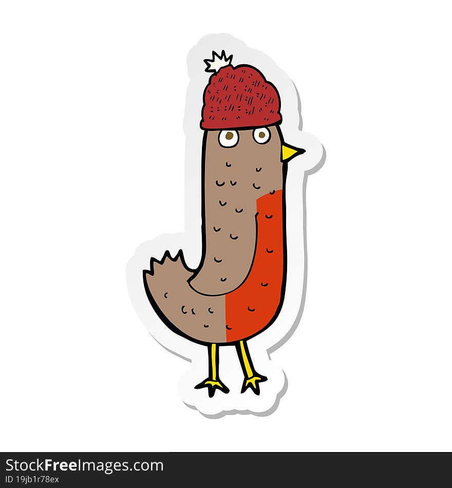 Sticker Of A Cartoon Christmas Robin Wearing Hat