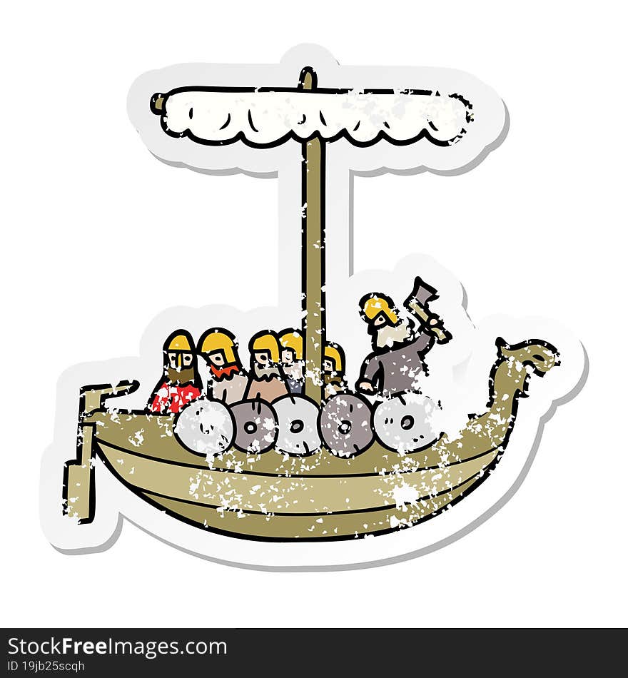 distressed sticker of a cartoon vikings sailing