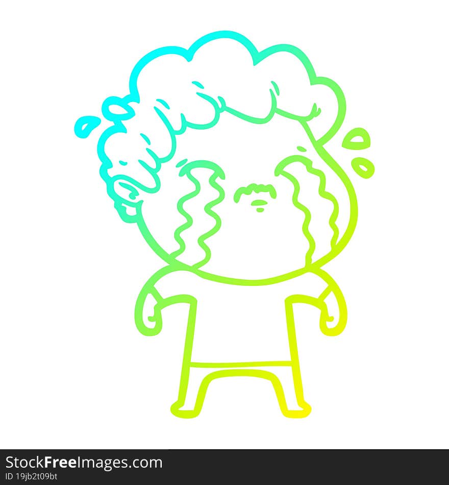 cold gradient line drawing of a cartoon man crying