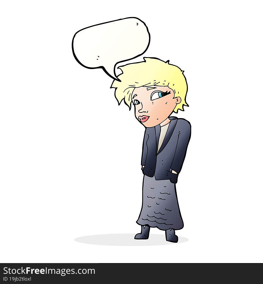 Cartoon Woman With Hands In Pockets With Speech Bubble