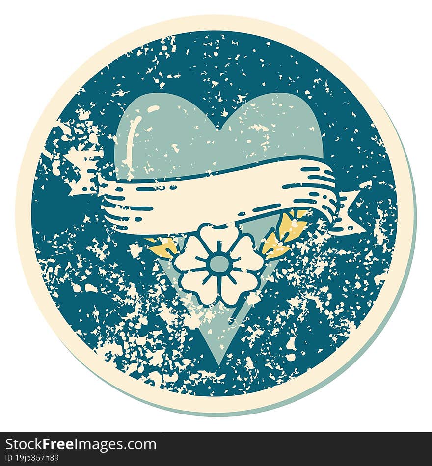 distressed sticker tattoo style icon of a heart flower and banner