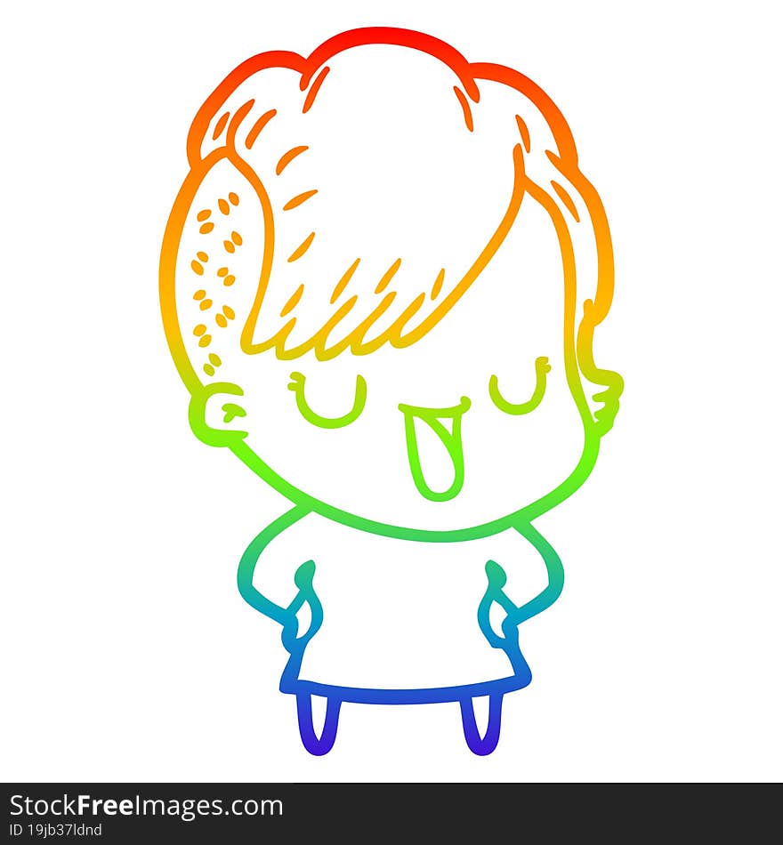 rainbow gradient line drawing of a cute cartoon girl with hipster haircut