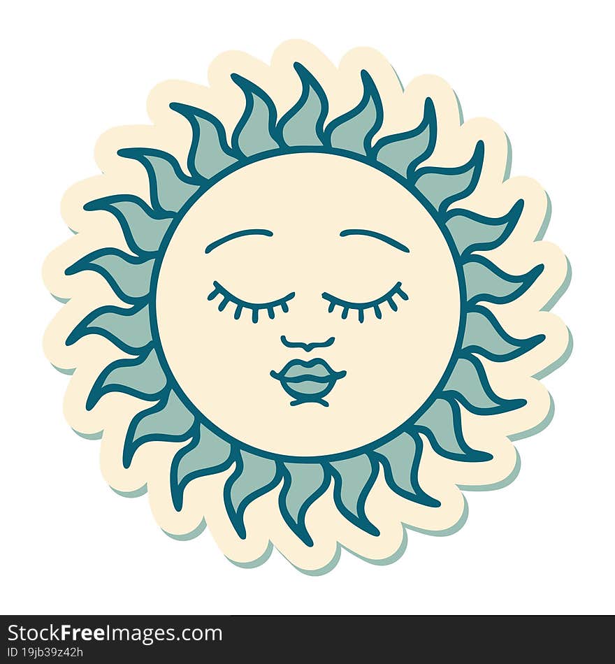 sticker of tattoo in traditional style of a sun with face. sticker of tattoo in traditional style of a sun with face