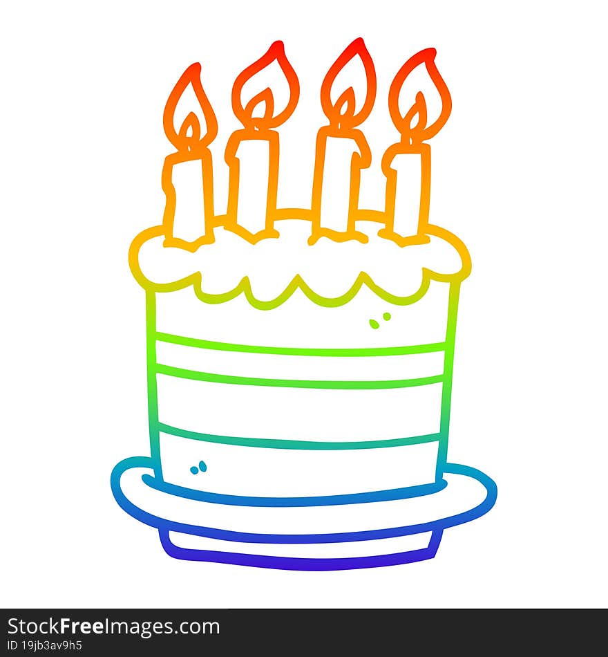 rainbow gradient line drawing of a cartoon birthday cake