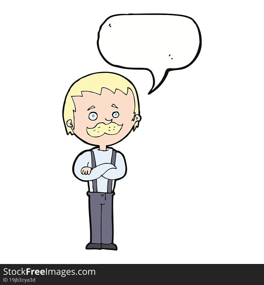 cartoon man with mustache with speech bubble