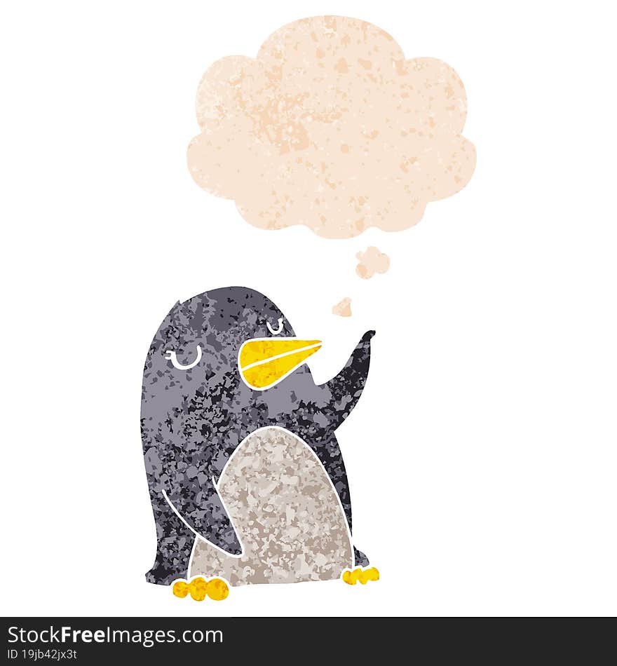 cartoon penguin and thought bubble in retro textured style