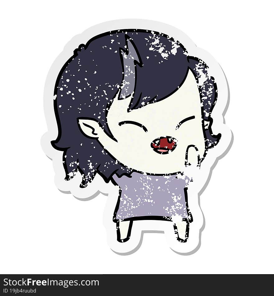 distressed sticker of a cartoon laughing vampire girl