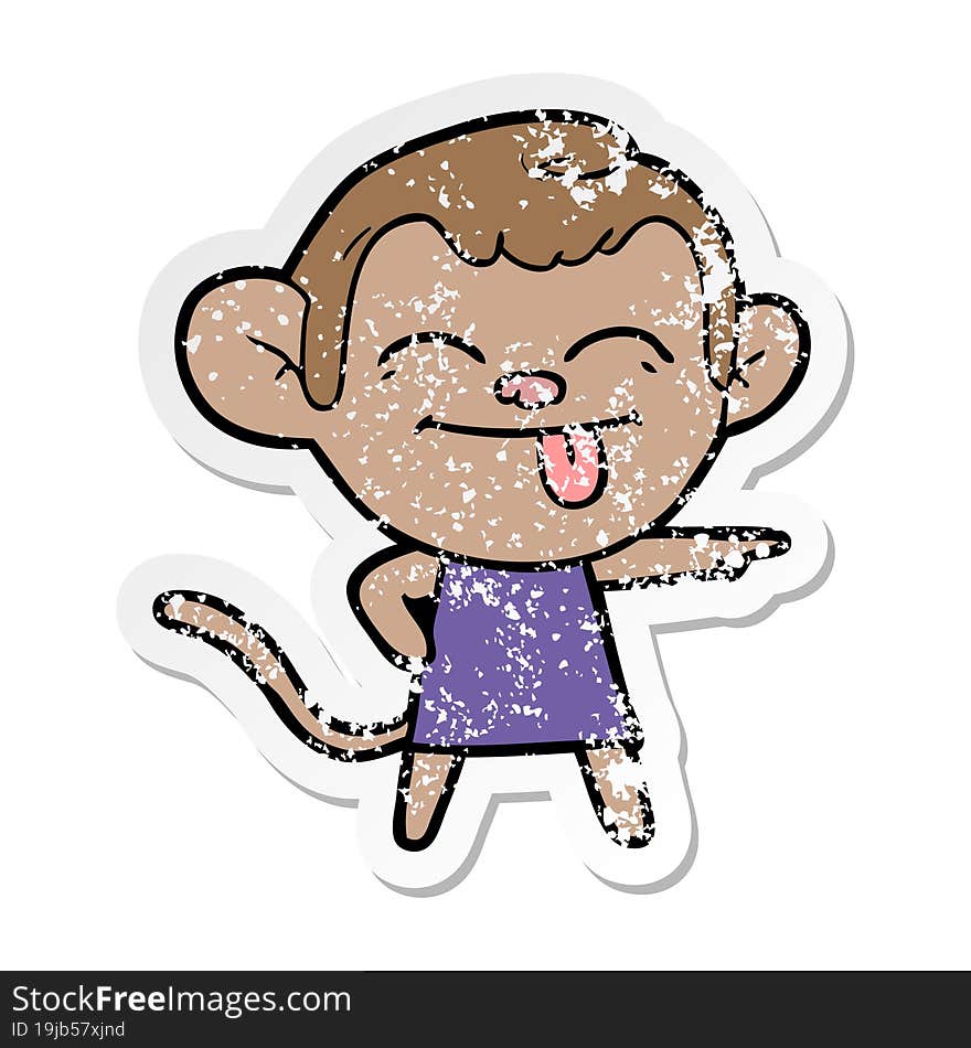 distressed sticker of a funny cartoon monkey pointing