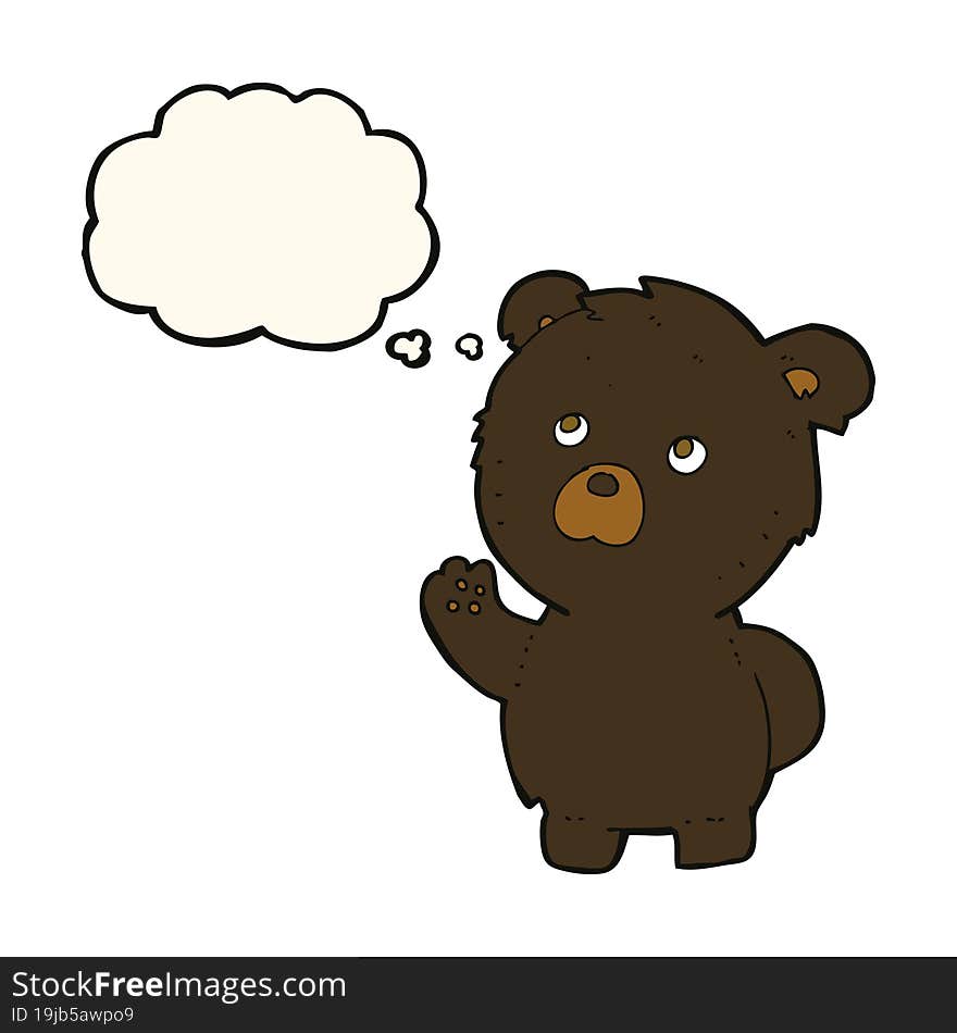 cartoon waving black bear with thought bubble