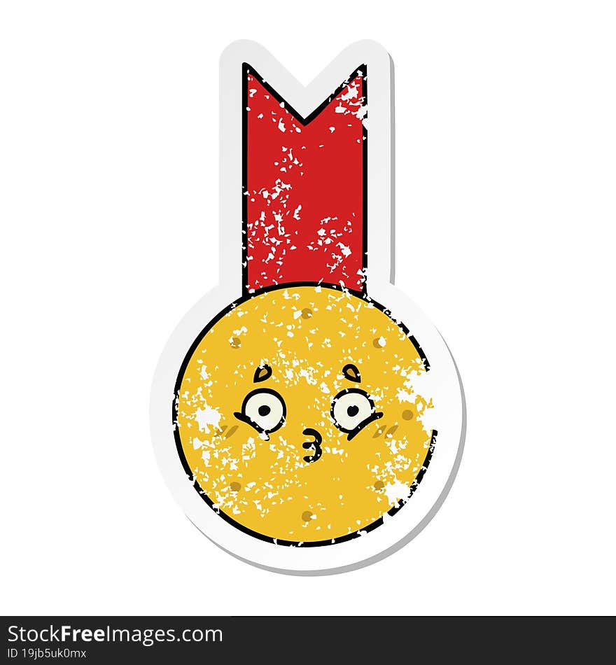 Distressed Sticker Of A Cute Cartoon Gold Medal