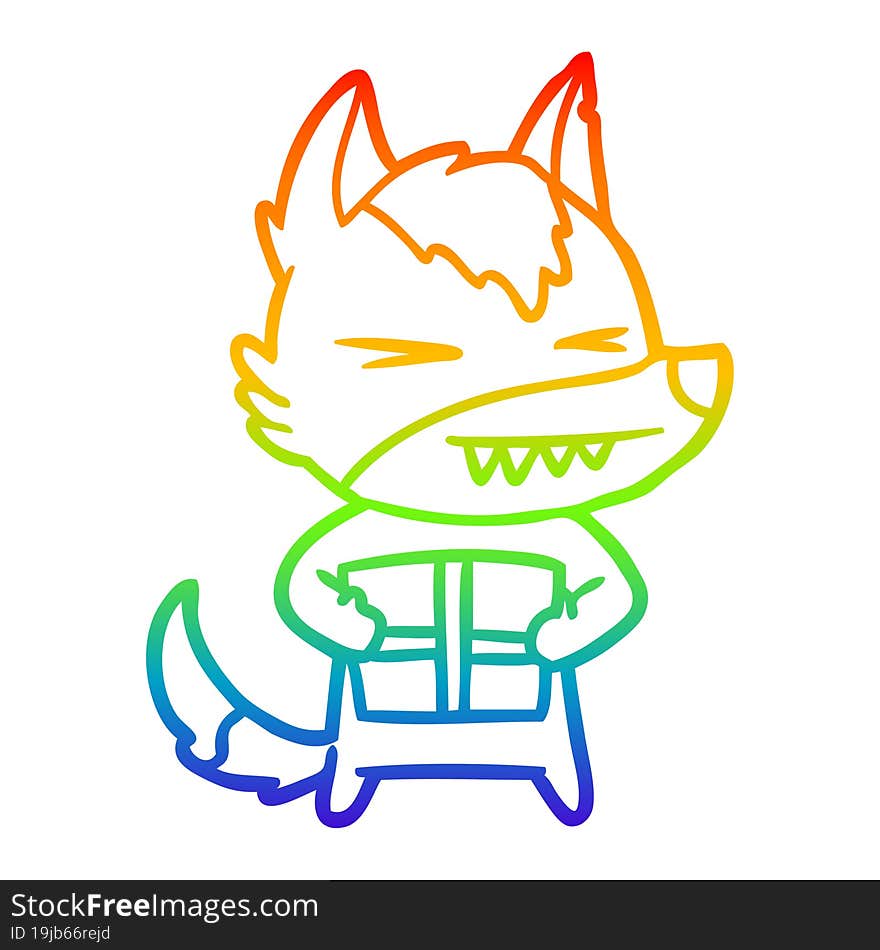 rainbow gradient line drawing of a angry christmas wolf cartoon