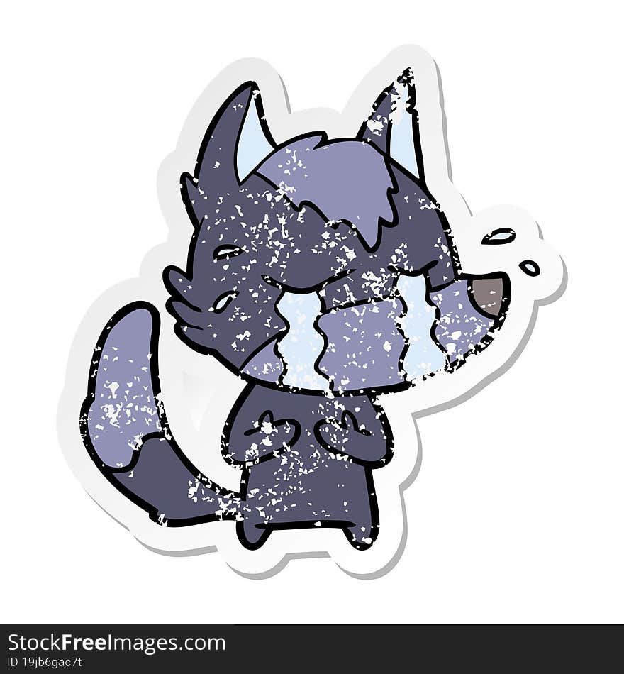 distressed sticker of a cartoon crying wolf