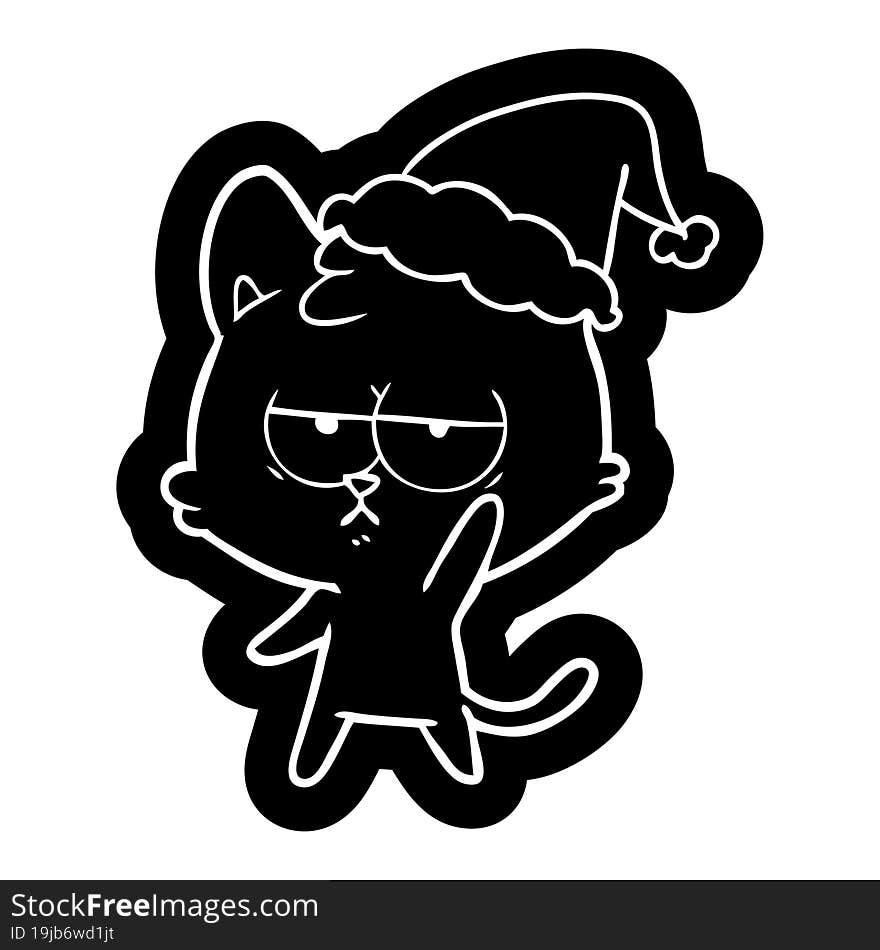 bored cartoon icon of a cat wearing santa hat