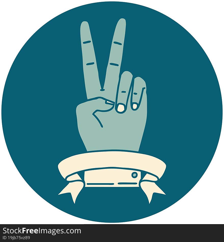 Retro Tattoo Style peace two finger hand gesture with banner. Retro Tattoo Style peace two finger hand gesture with banner