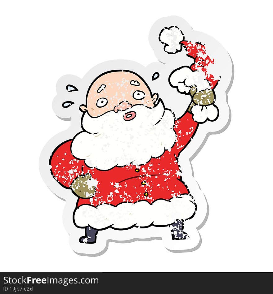 distressed sticker of a cartoon santa claus waving hat