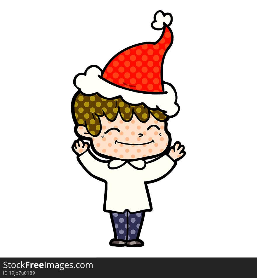 comic book style illustration of a happy boy wearing santa hat