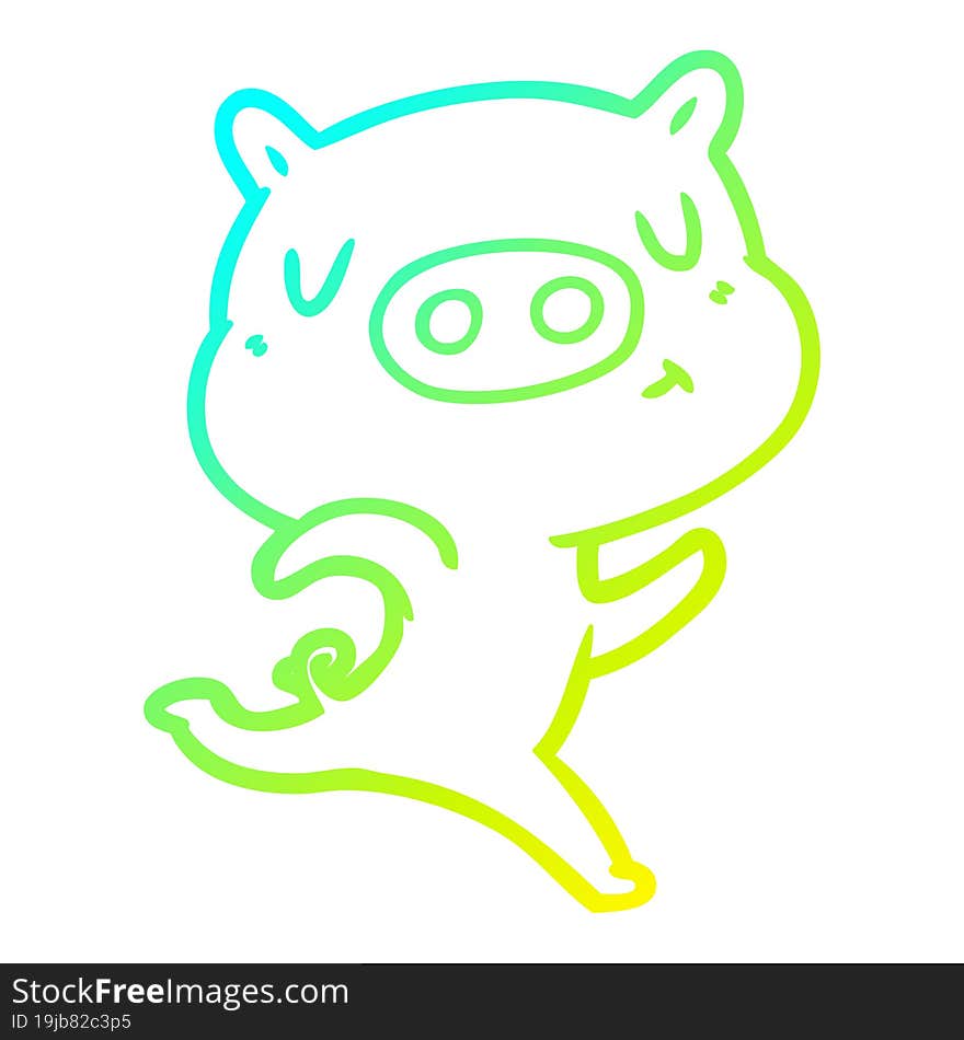 cold gradient line drawing of a cartoon content pig running