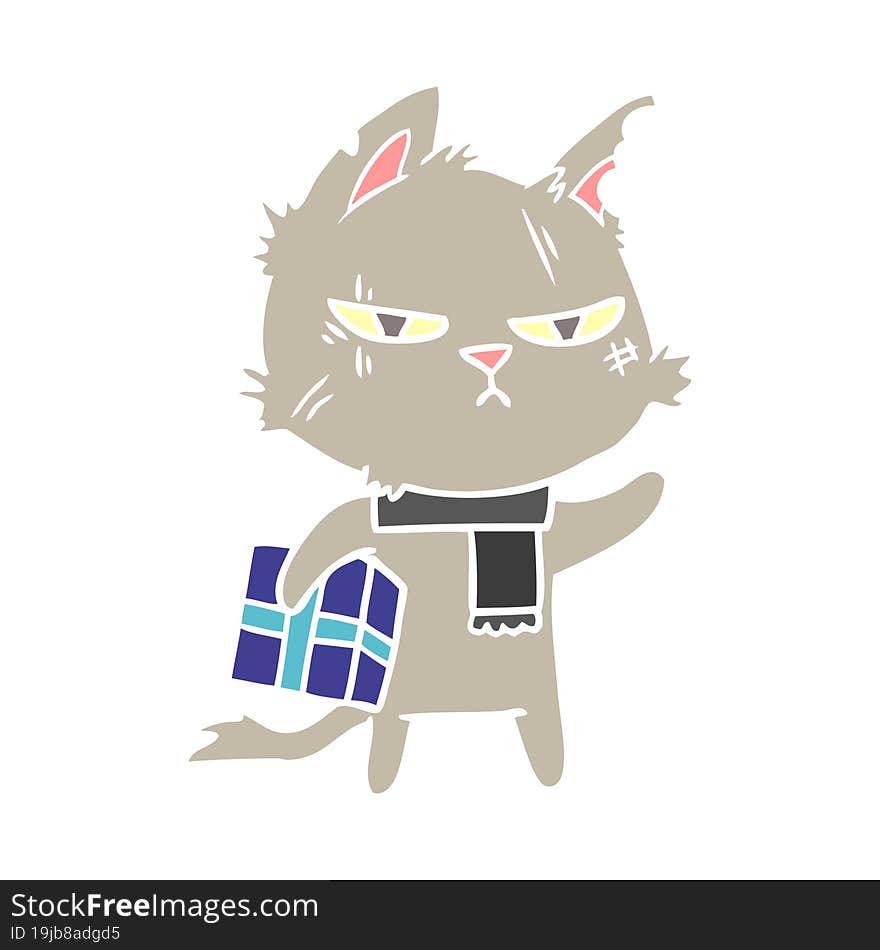 tough flat color style cartoon cat with christmas present