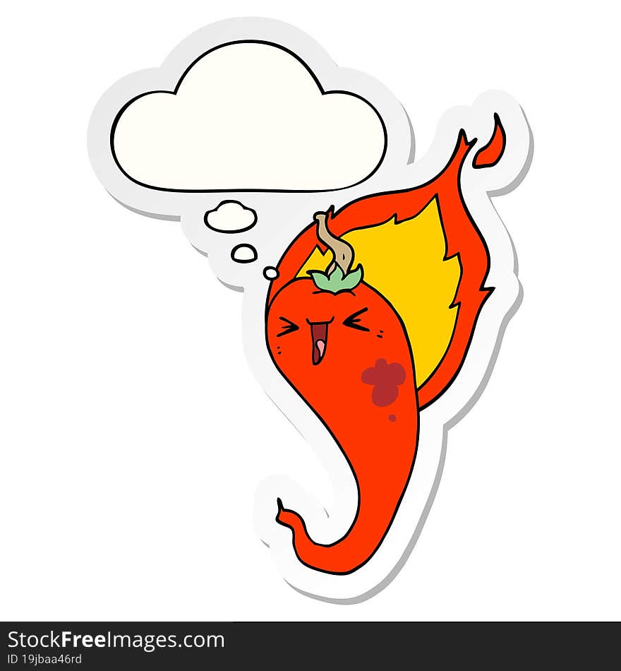 cartoon flaming hot chili pepper and thought bubble as a printed sticker