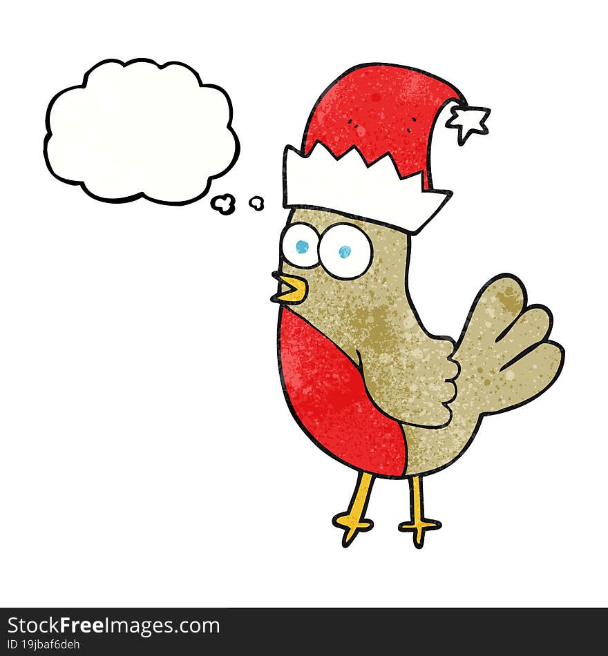 thought bubble textured cartoon robin in christmas hat