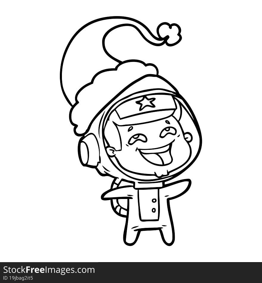 line drawing of a laughing astronaut wearing santa hat