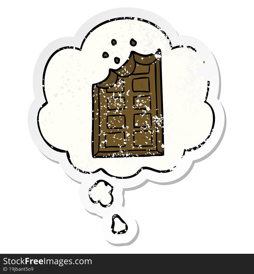 cartoon bar of chocolate with thought bubble as a distressed worn sticker