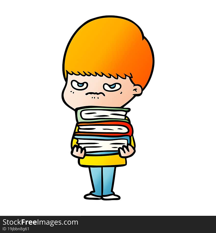 angry cartoon boy with books. angry cartoon boy with books