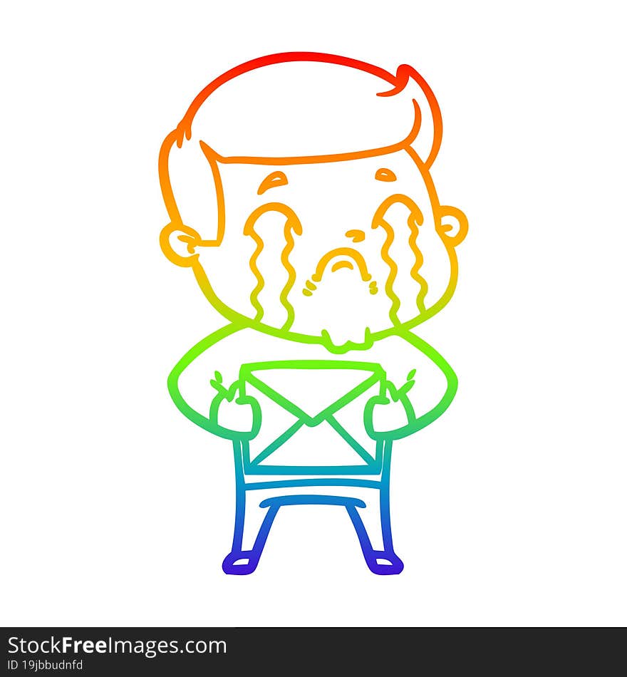 rainbow gradient line drawing of a cartoon man crying