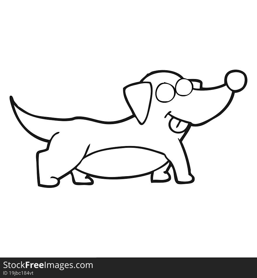 freehand drawn black and white cartoon happy little dog