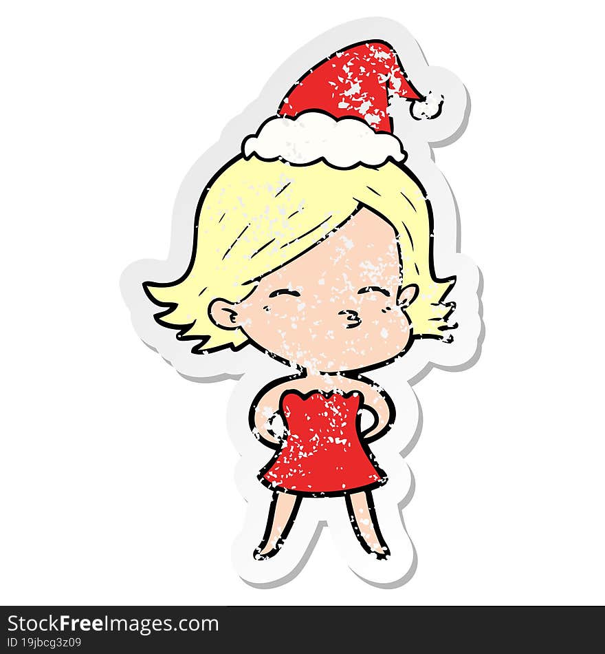 hand drawn distressed sticker cartoon of a woman wearing santa hat