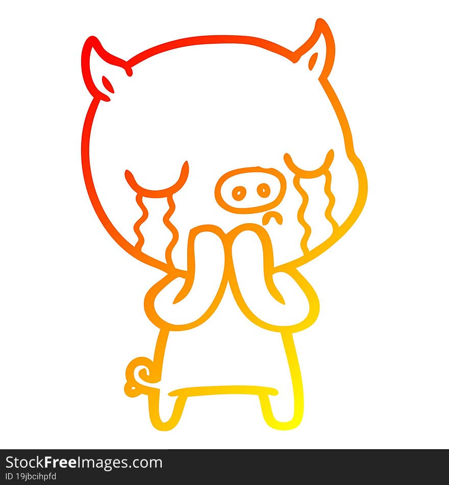 warm gradient line drawing of a cartoon pig crying