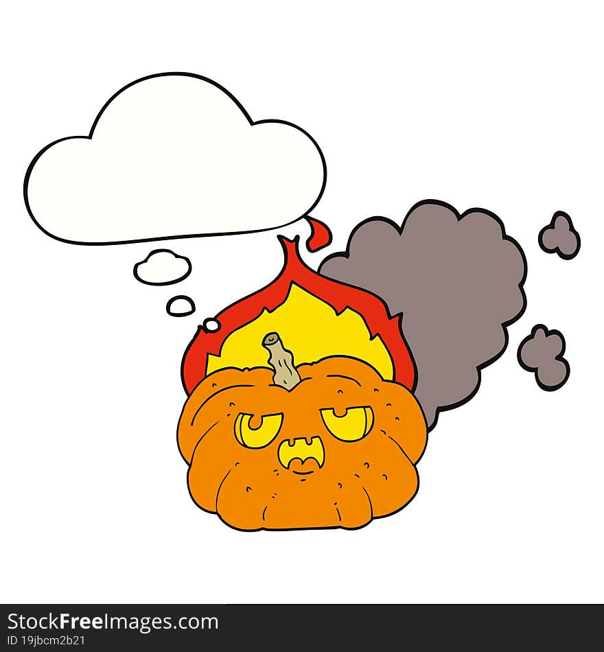 cartoon flaming halloween pumpkin and thought bubble