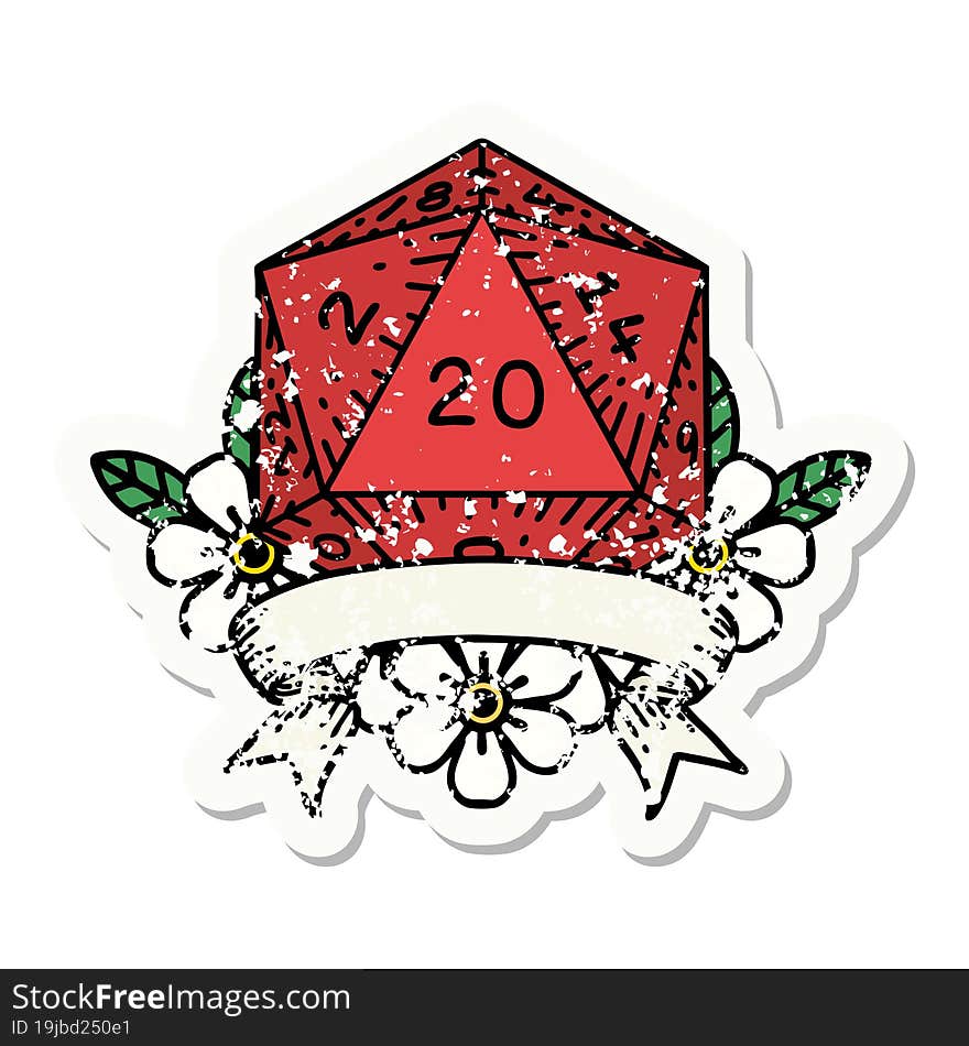 natural 20 critical hit D20 dice roll grunge sticker