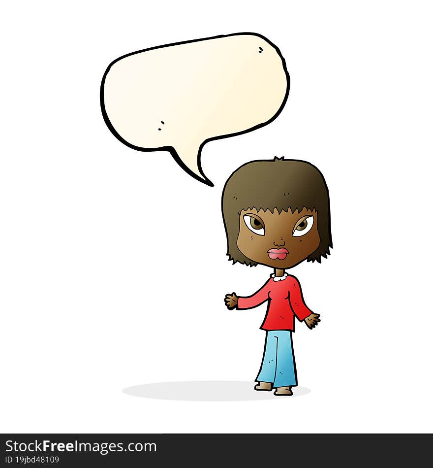 cartoon woman with open arms with speech bubble