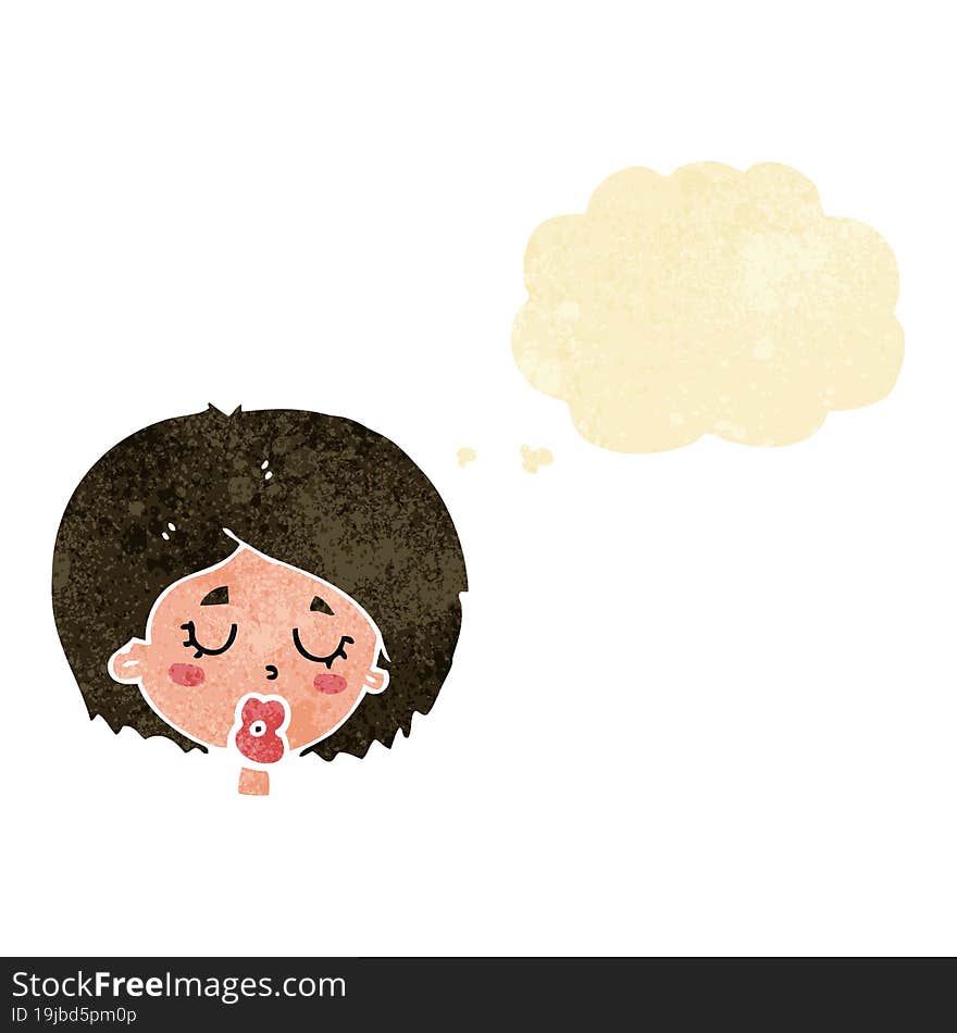 cartoon woman with eyes closed with thought bubble