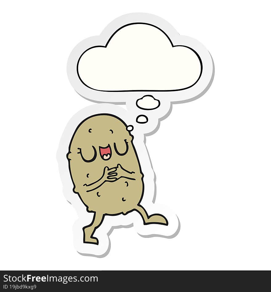 cartoon happy potato with thought bubble as a printed sticker