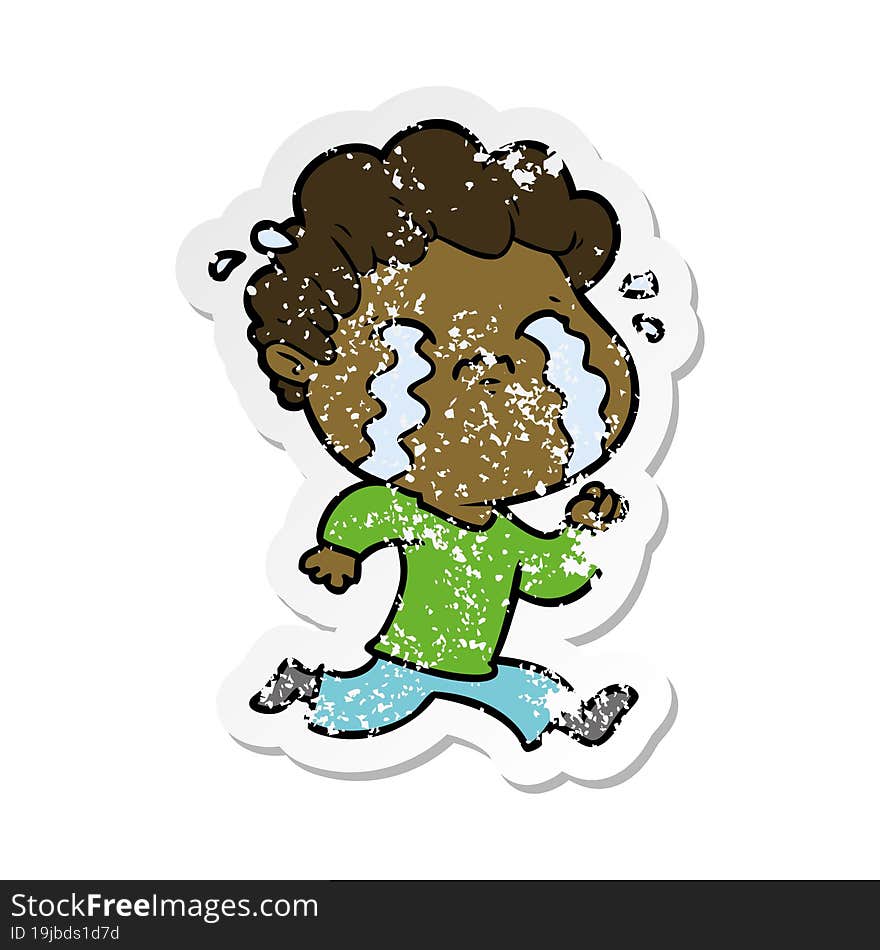 distressed sticker of a cartoon man crying