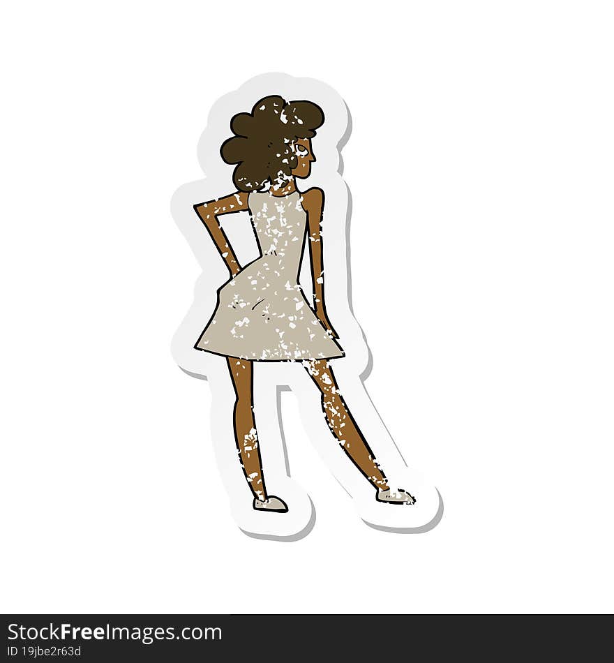 retro distressed sticker of a cartoon woman posing in dress