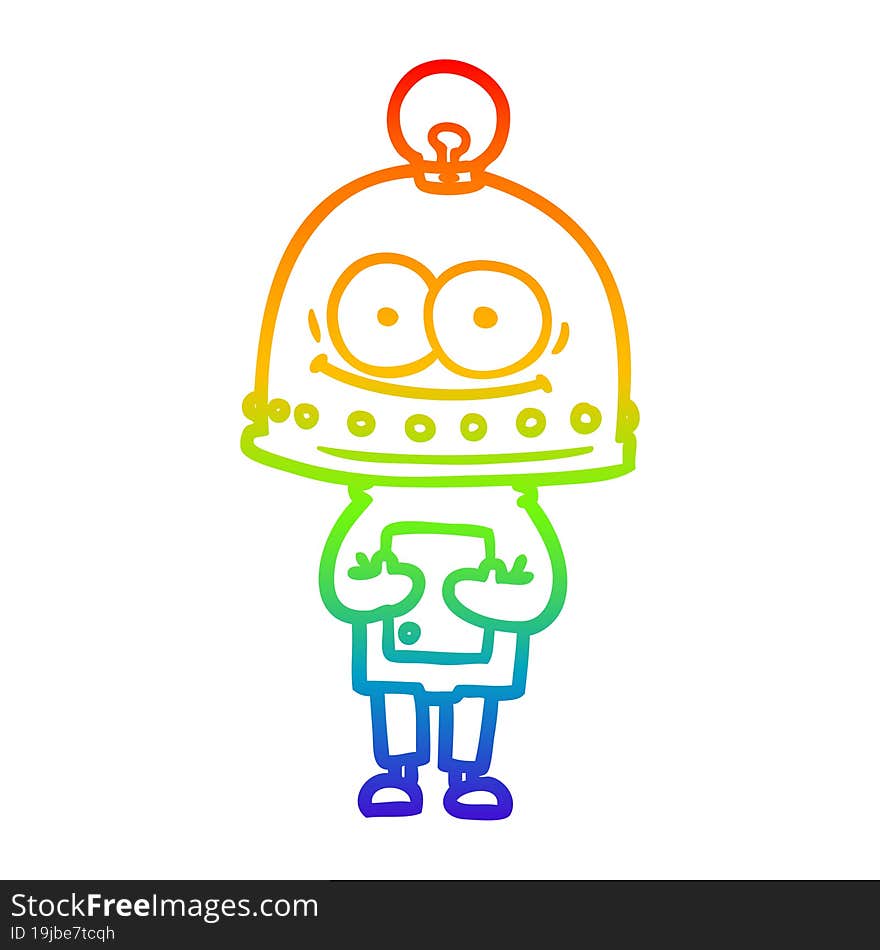 rainbow gradient line drawing of a happy carton robot with light bulb