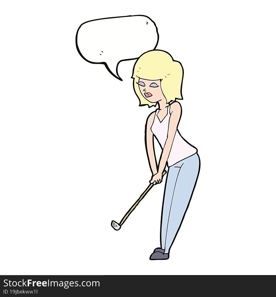 Cartoon Woman Playing Golf With Speech Bubble