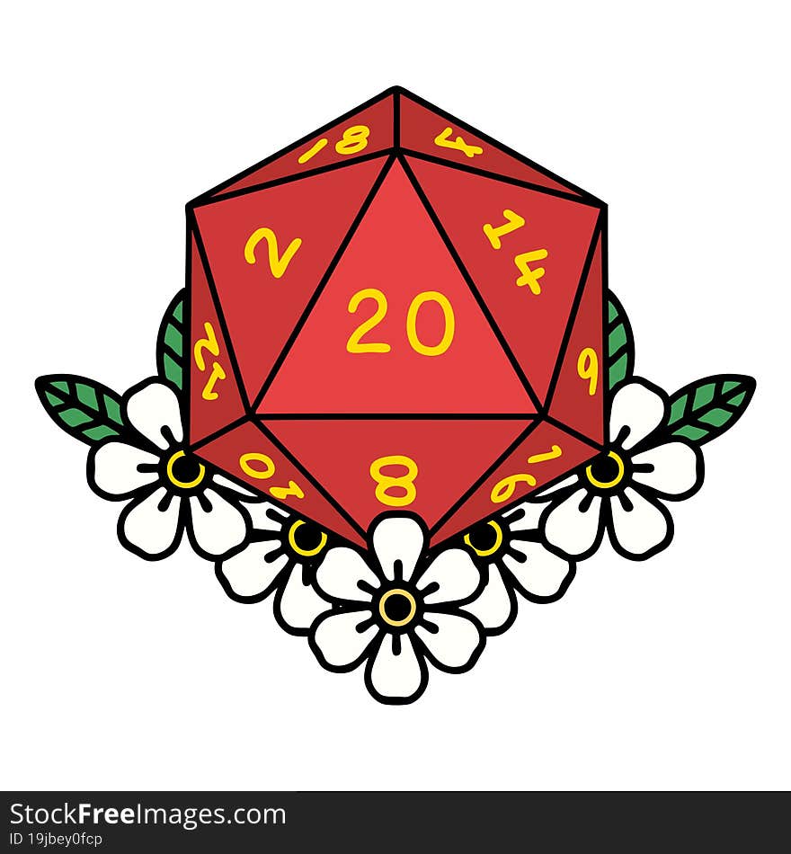 Natural 20 D20 Dice Roll With Floral Elements Illustration