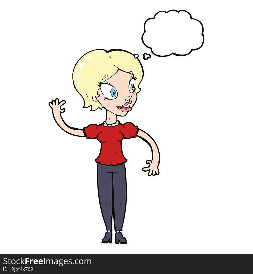 cartoon woman waving with thought bubble