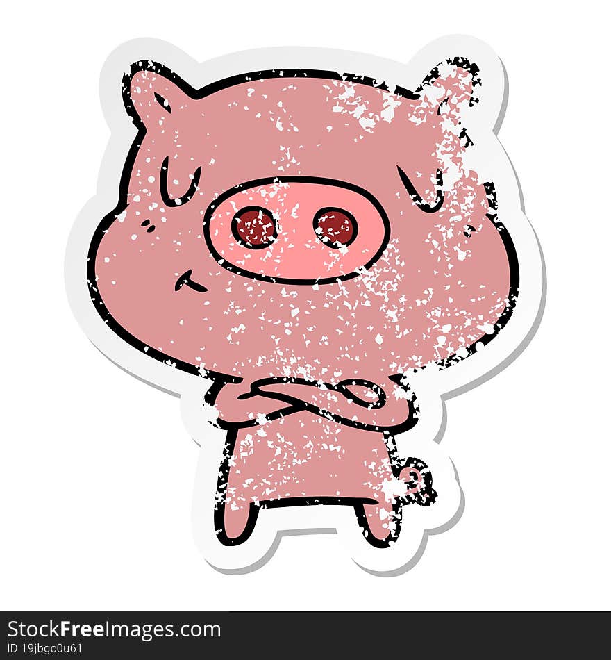 Distressed Sticker Of A Cartoon Content Pig