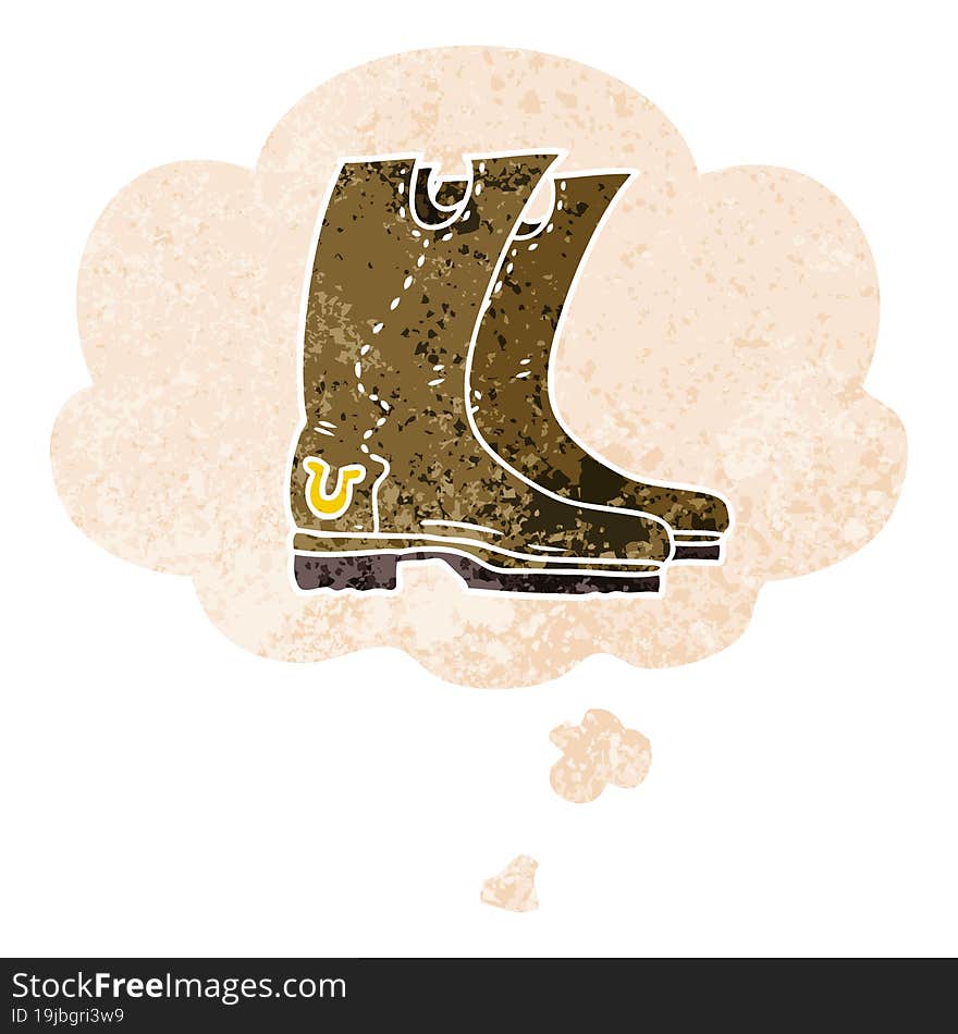 cartoon cowboy boots and thought bubble in retro textured style